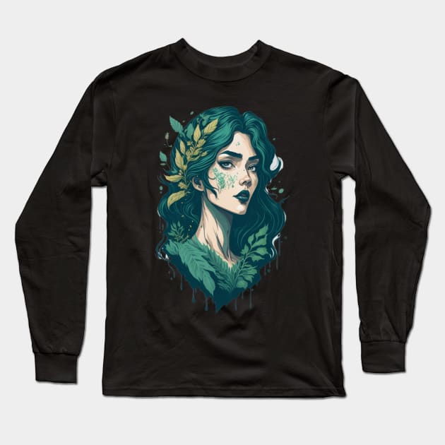 Ghibli style Woman Head  Forest Fairy Godess Pretty Queen Long Sleeve T-Shirt by MitsuiT